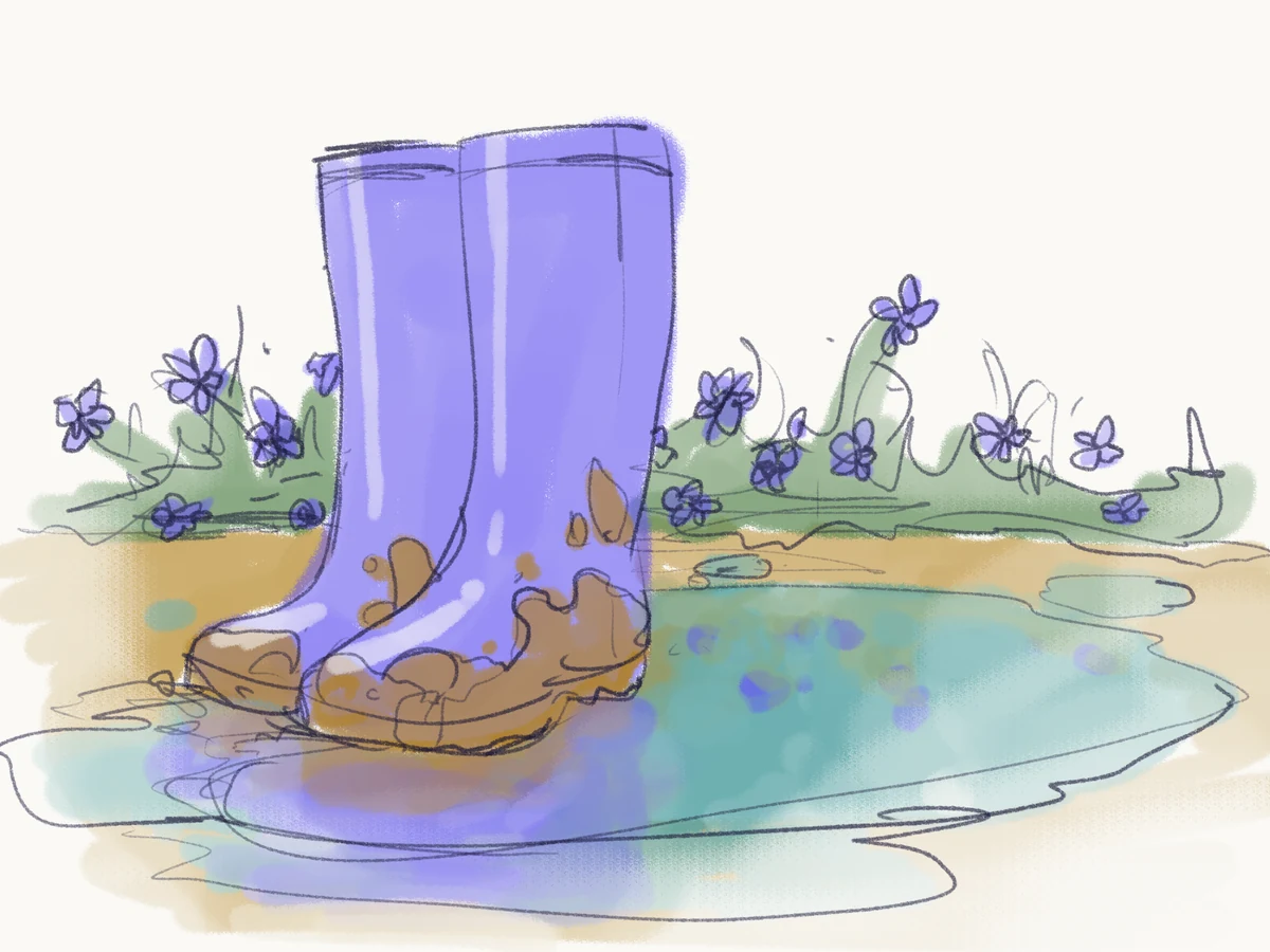 Sketch of muddy purple rain boots standing in a puddle beside a bed of periwinkle flowers.