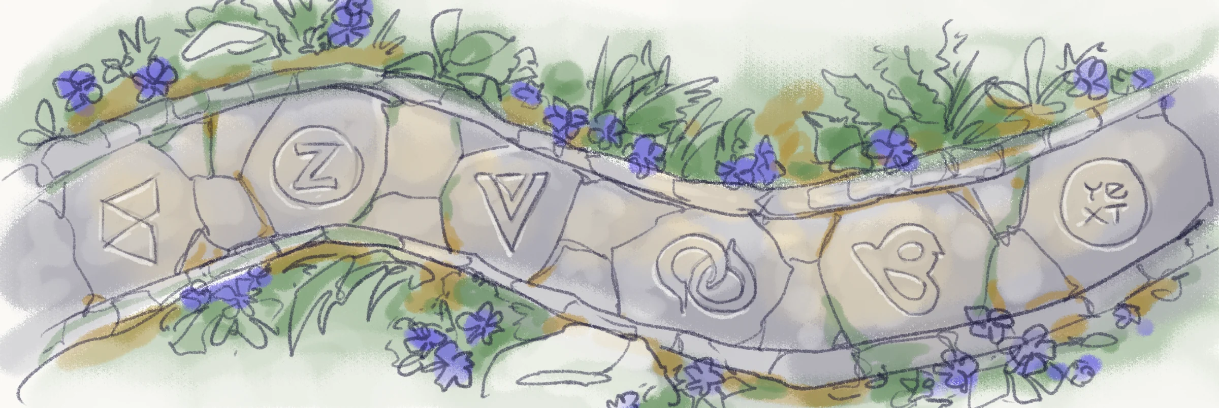 Illustration of a winding stone path through periwinkle, with the logos of companies Rebecca has worked at carved into its stones.