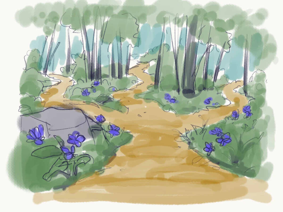 Sketch of a forest trail that forks into several paths, lined with periwinkle flowers.