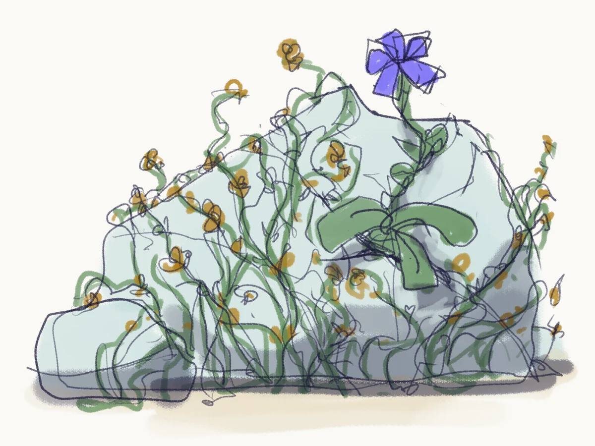 Sketch of a periwinkle flower growing up through vines over a pale slab of stone.