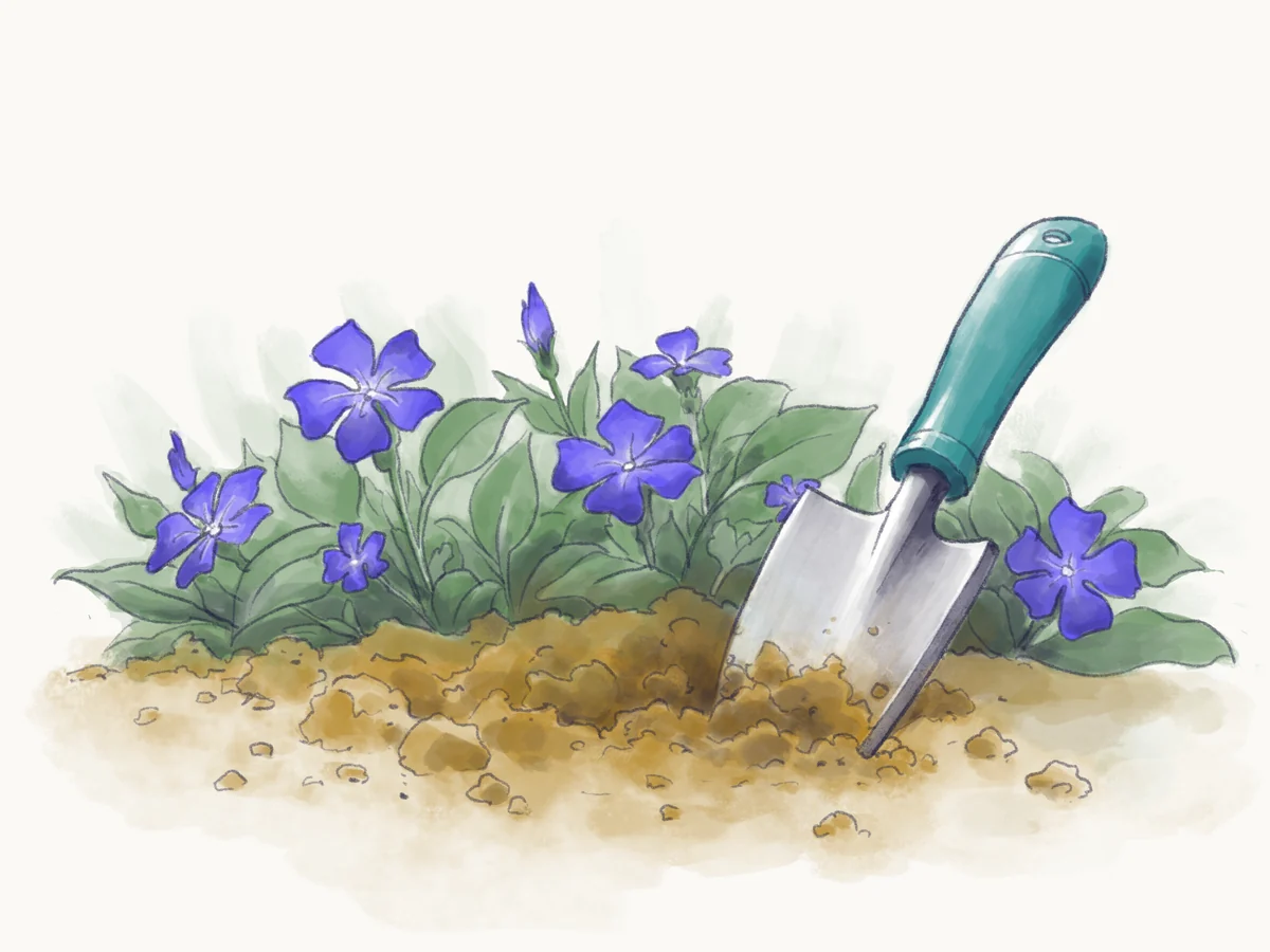Watercolor of a teal-handled garden trowel digging into loose soil beside blooming periwinkle.