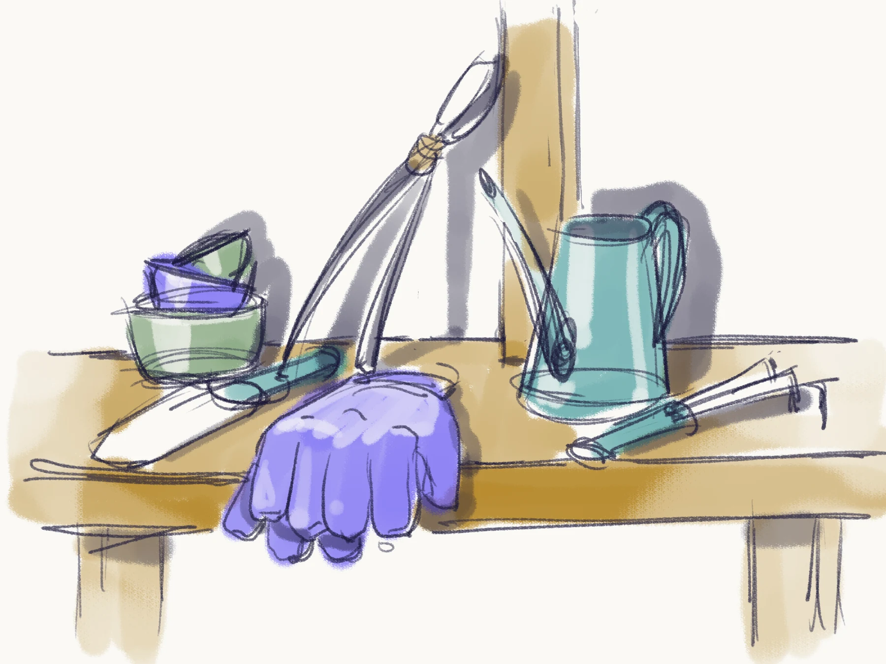 Sketch of a potting bench with a purple garden glove, stacked pots, pruning shears, a teal watering can, and hand tools.