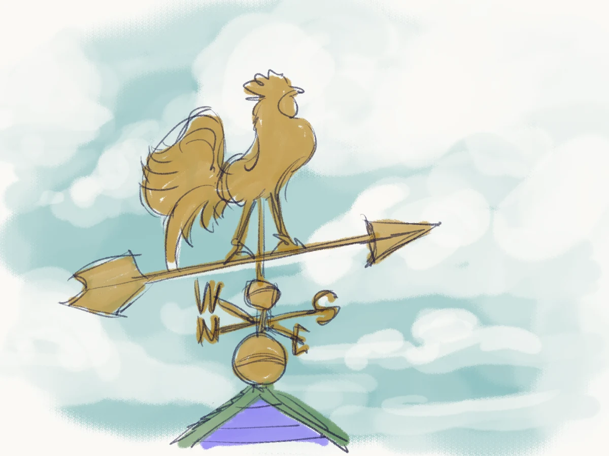 Sketch of a rooster weather vane pointing steady against a cloudy sky.